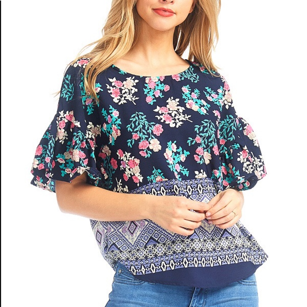 Navy Blue Floral/Geo Print Flounce Sleeve Blouse